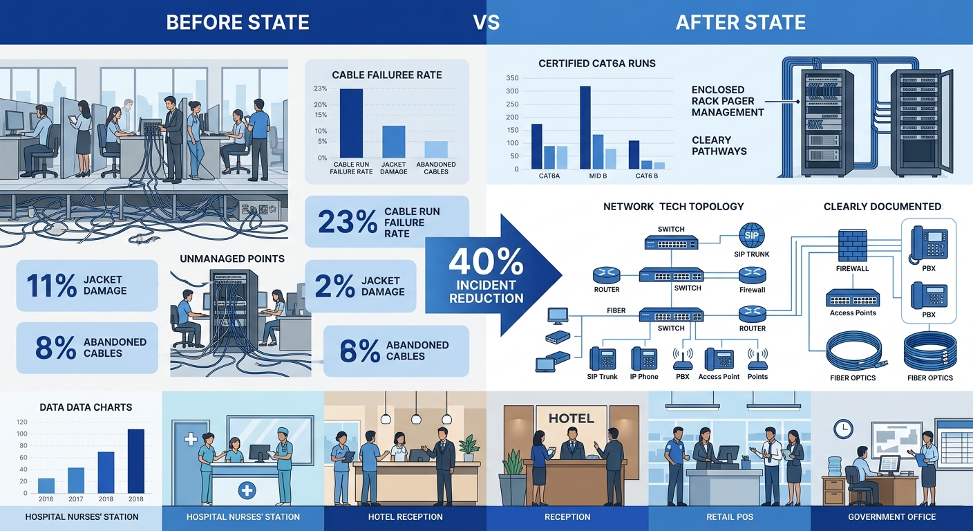 Infographic comparing before and after states of a BPO network cabling project, showing key metrics — 23% cable run failure rate, 11% jacket damage, 8% abandoned cables on the left side, and certified