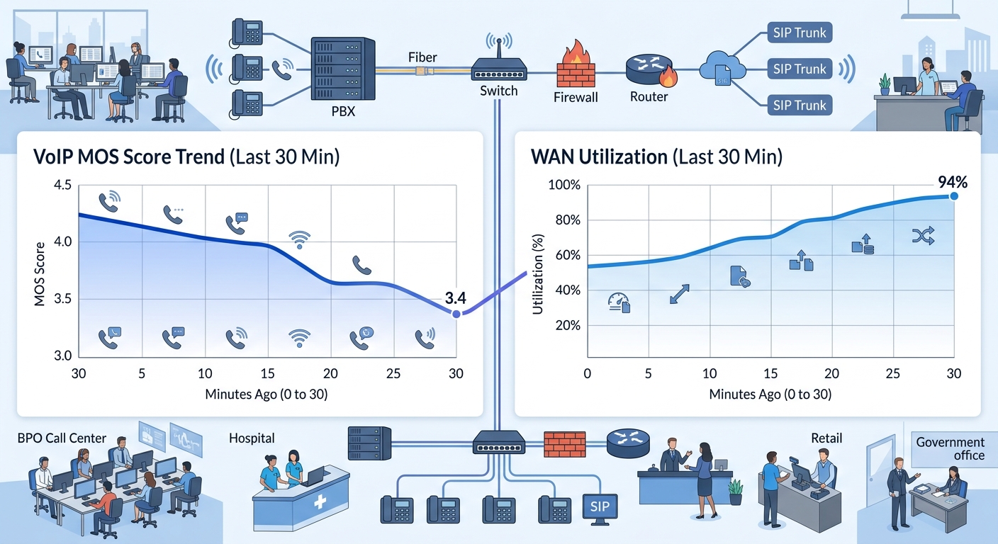 a split-screen monitoring dashboard — the left panel showing a VoIP MOS score graph declining from 4.2 to 3.4 over a 30-minute window, the right panel showing WAN utilization climbing from 55% to 94% 