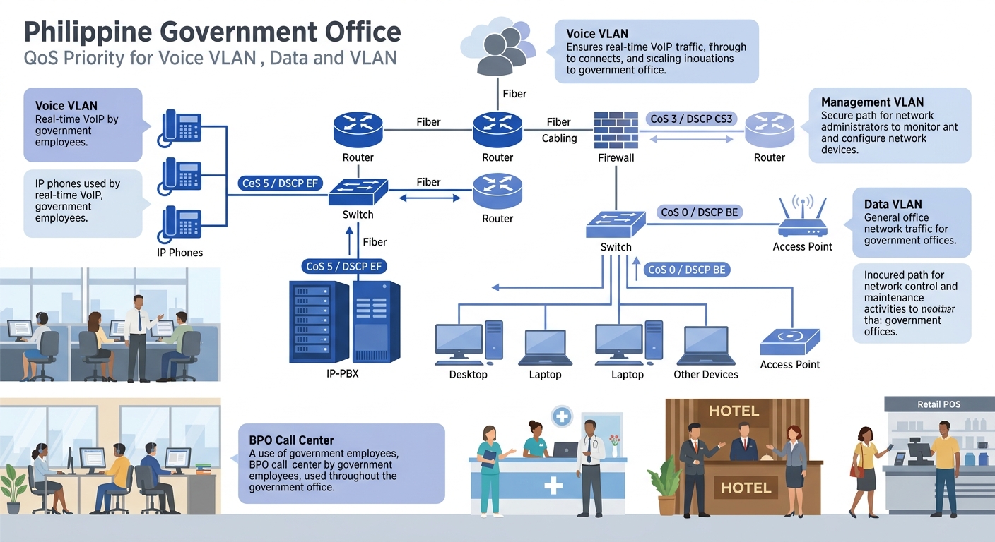 network diagram showing a Philippine government office with three separate VLANs for voice, data, and management traffic, with QoS priority markings labeled at each network layer
