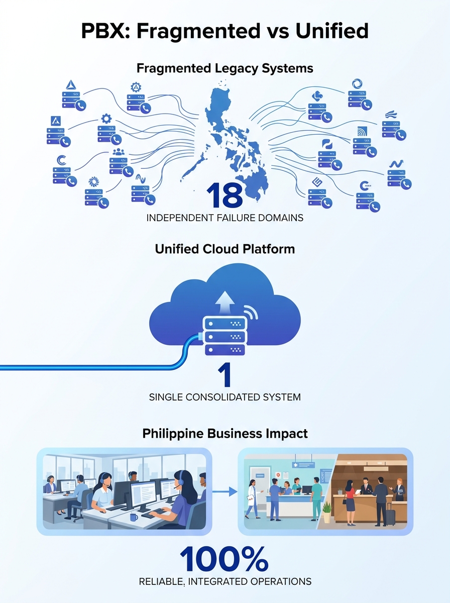 A diagram showing 18 separate PBX units scattered across a map of the Philippines, each with its own vendor logo and independent failure domain, contrasted against a single unified platform