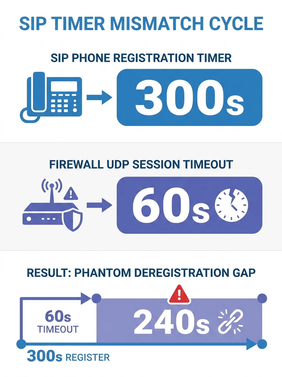 Infographic showing the timer mismatch cycle — a SIP phone sending REGISTER at 300-second intervals while a firewall UDP session timeout expires at 60 seconds, with a timeline showing how the gap caus