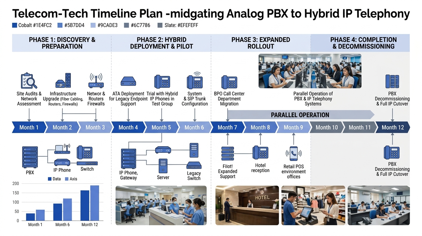 timeline graphic showing a 12-month phased migration plan from analog PBX to hybrid IP telephony, with four distinct phases labeled, showing parallel operation period and key milestones like ATA deplo