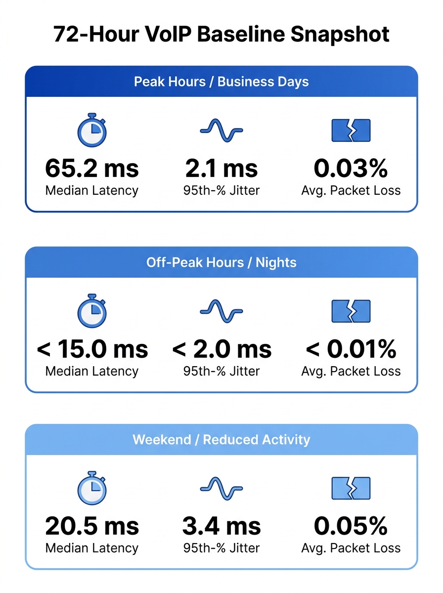 Infographic showing a 72-hour VoIP baseline measurement timeline with three phases (peak hours, off-peak, weekend) and the three key metrics captured at each phase: median one-way latency, 95th-percen