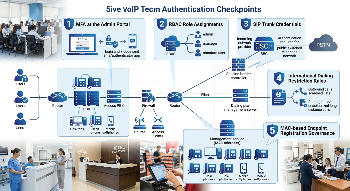 a diagram showing five authentication checkpoints in a VoIP system — MFA at the admin portal, RBAC role assignments, SIP trunk credentials, international dialing restriction rules at the dial plan, an