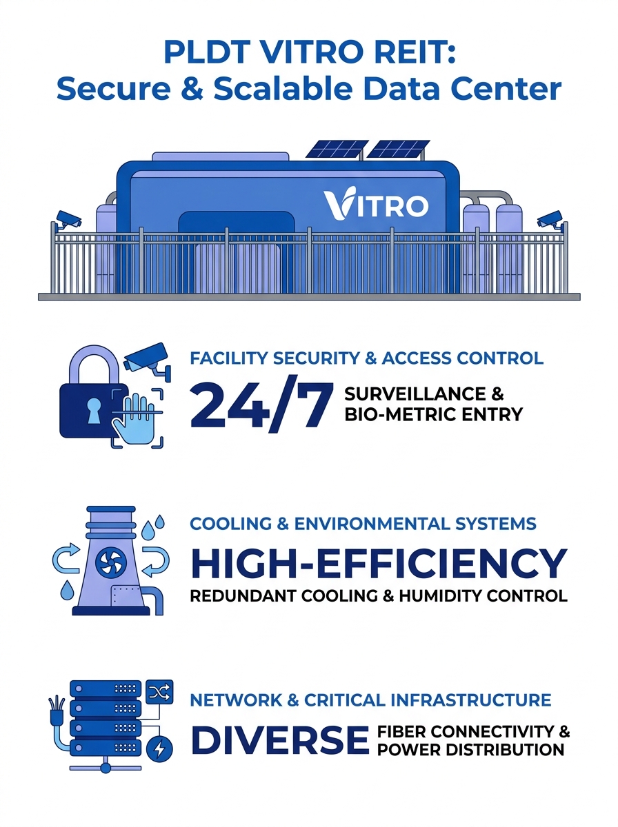 PLDT VITRO REIT data center facility exterior with security fencing and cooling infrastructure visible