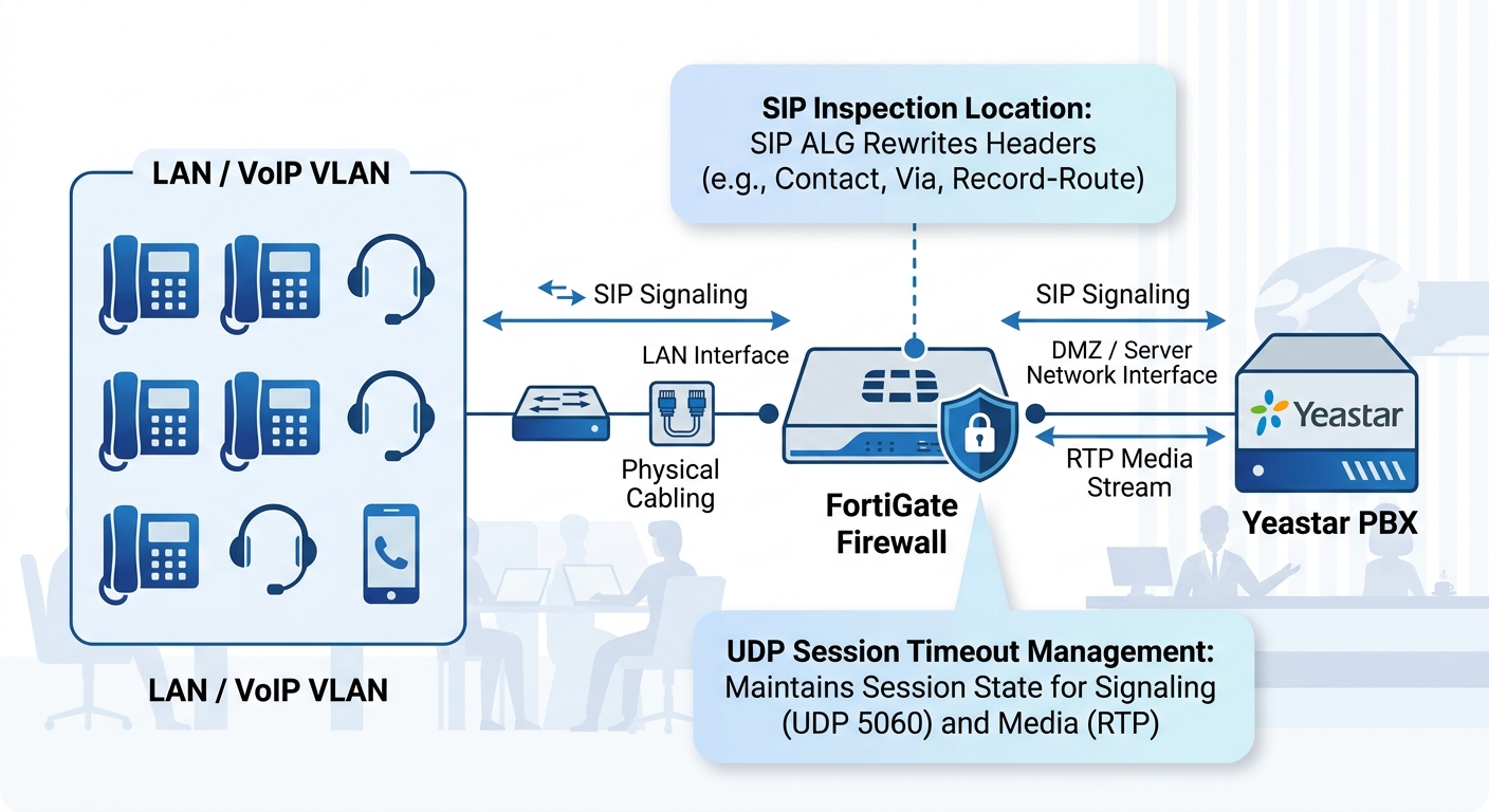 A network diagram showing a FortiGate firewall between SIP phones on a VLAN and a Yeastar PBX, with labels indicating where SIP ALG rewrites headers and where UDP session timeouts occur