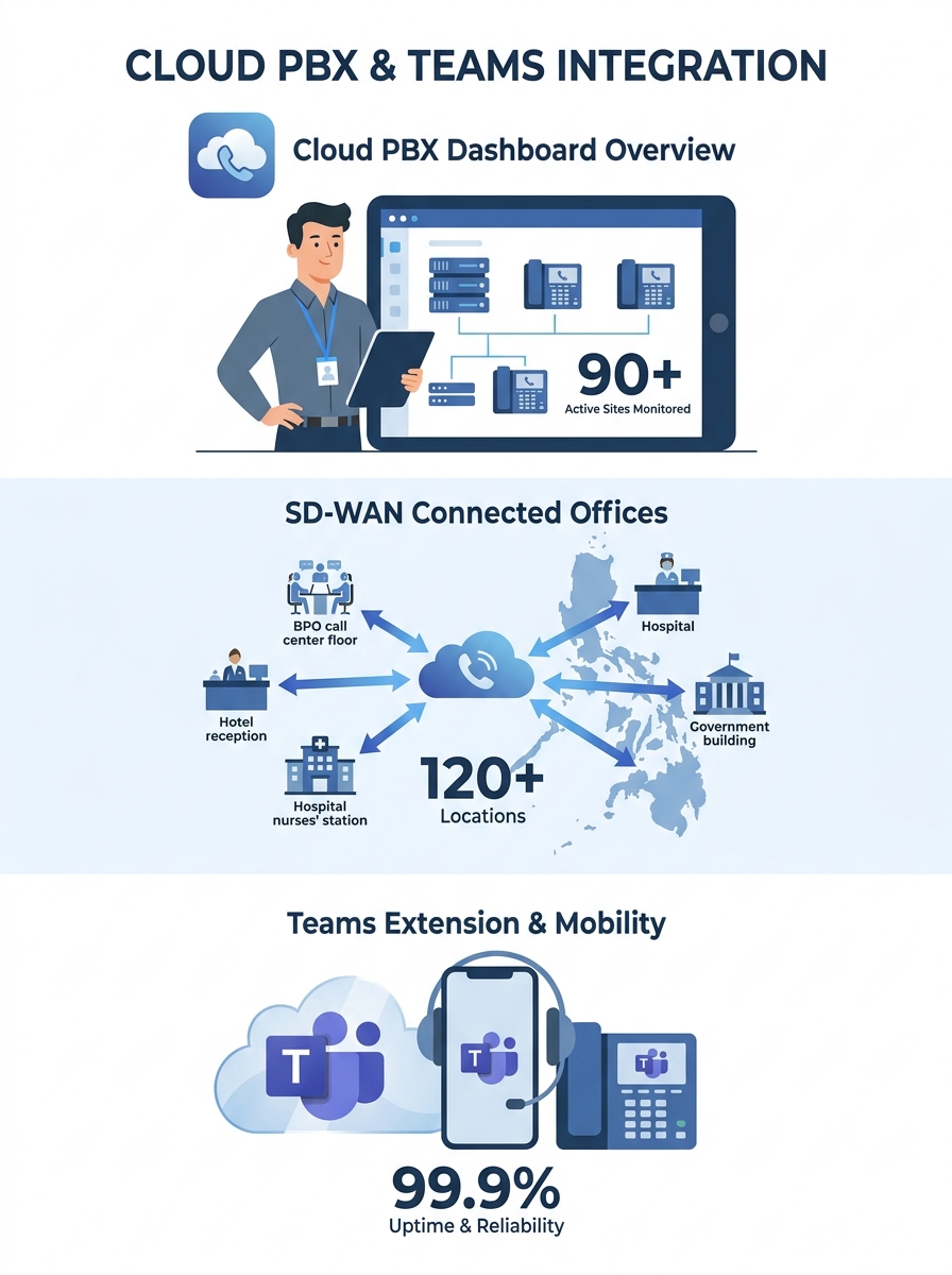 Philippine enterprise IT manager reviewing Cloud PBX dashboard showing distributed office locations connected via SD-WAN with Microsoft Teams integration overlay