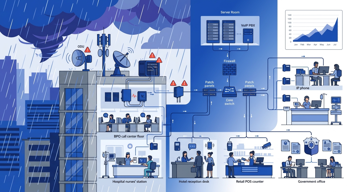 a Philippine office building during heavy typhoon rain with visible network equipment on the rooftop, showing the physical vulnerability of last-mile telecom infrastructure to extreme weather