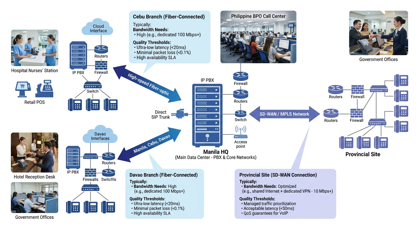 Network diagram of a Philippine multi-site enterprise telephony deployment showing a central PBX in Manila connected via fiber and SD-WAN to branch offices in Cebu, Davao, and a provincial site, with 