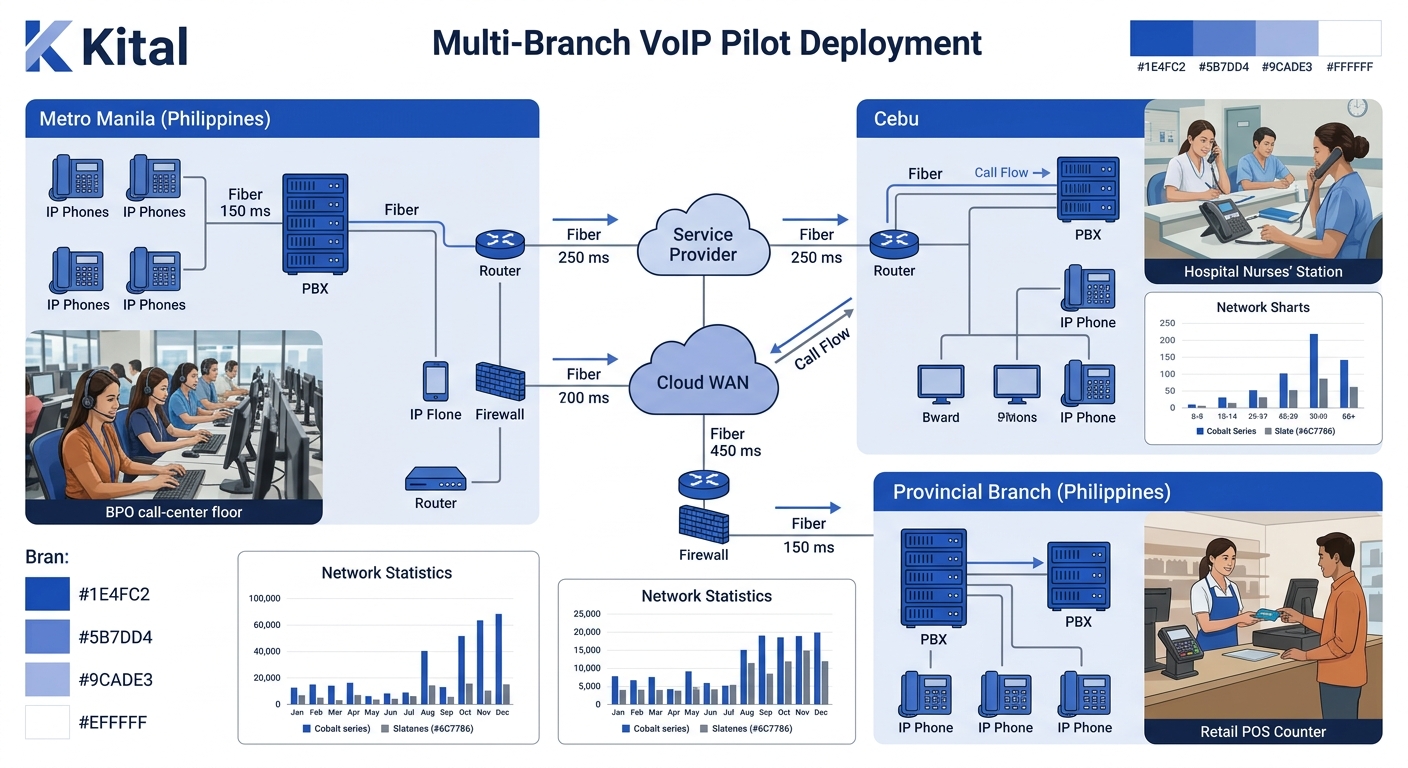 Diagram showing a multi-branch VoIP pilot deployment across three Philippine locations — Metro Manila, Cebu, and a provincial branch — with network links, latency measurements, and call flow arrows be