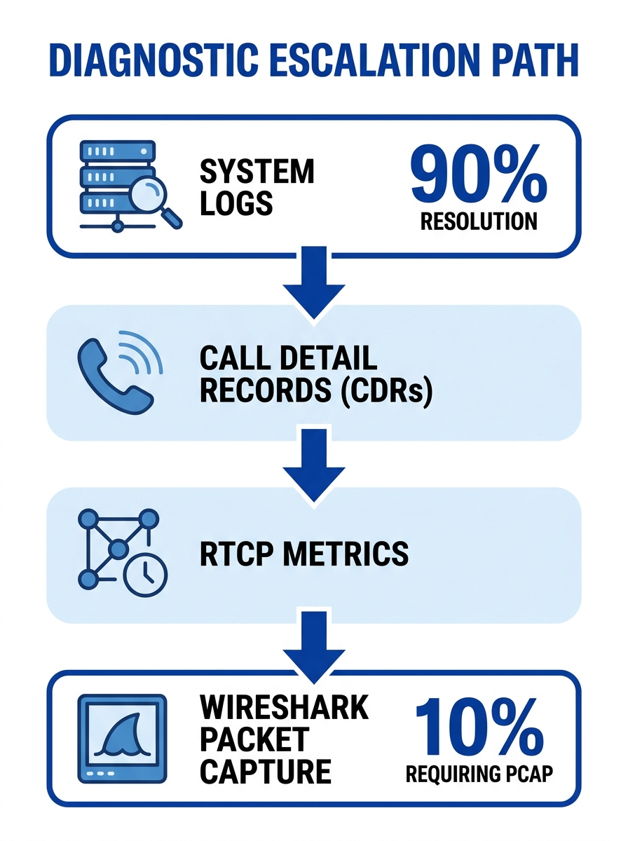 diagram showing the diagnostic escalation path from system logs to CDRs to RTCP metrics to Wireshark packet capture, with percentage indicators showing 90% resolution at log level and 10% requiring PC