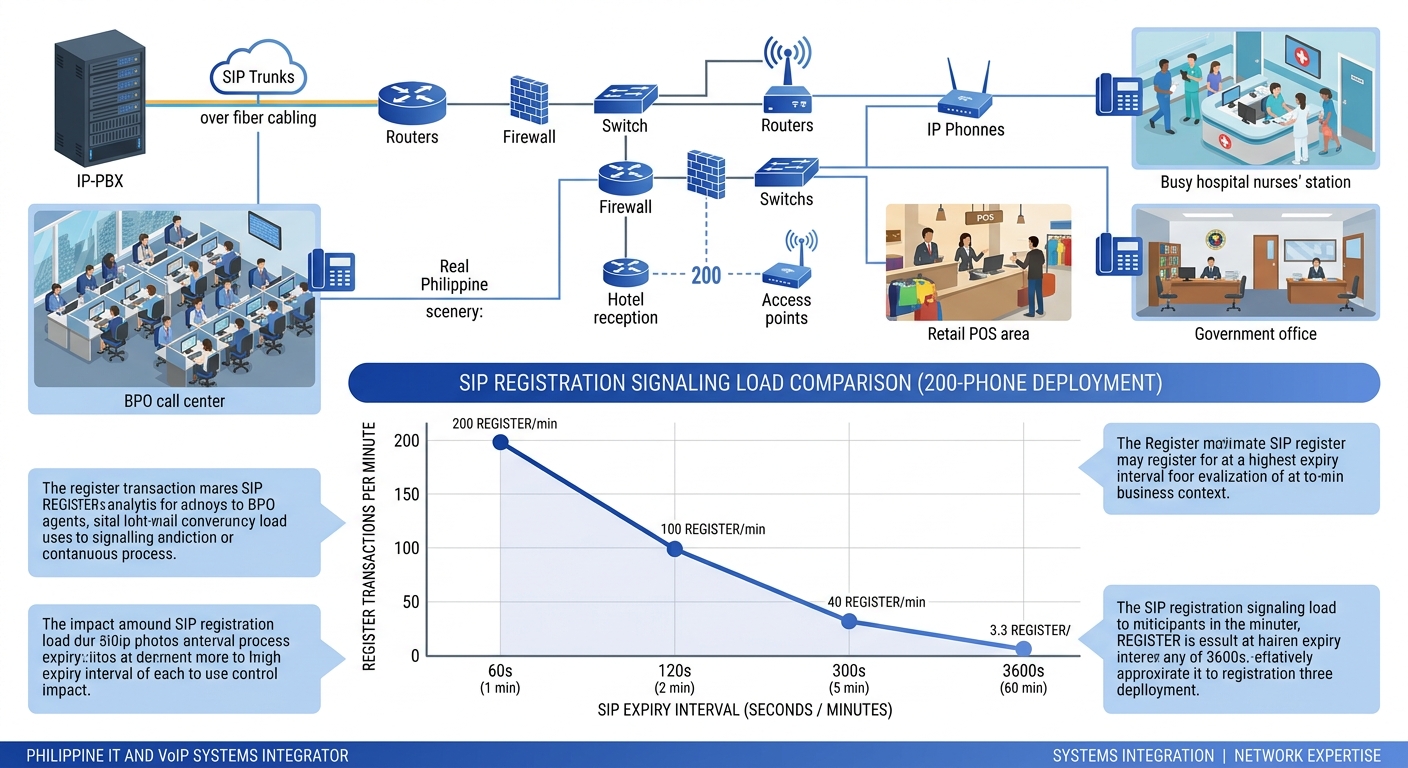 infographic comparing SIP registration signaling load at different expiry intervals (60s, 120s, 300s, 3600s) showing REGISTER transactions per minute for a 200-phone deployment