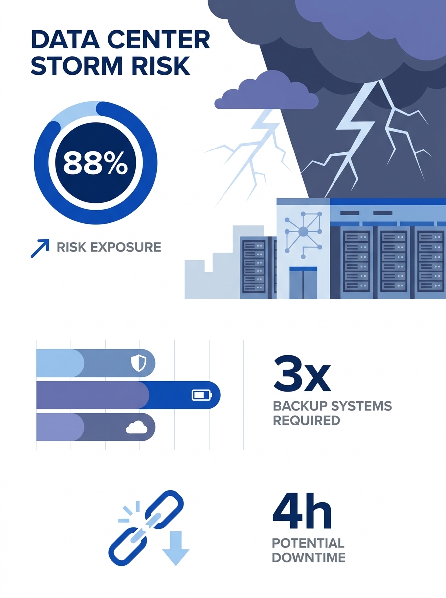 Dark storm clouds gathering over modern data center facility with visible lightning strikes in background