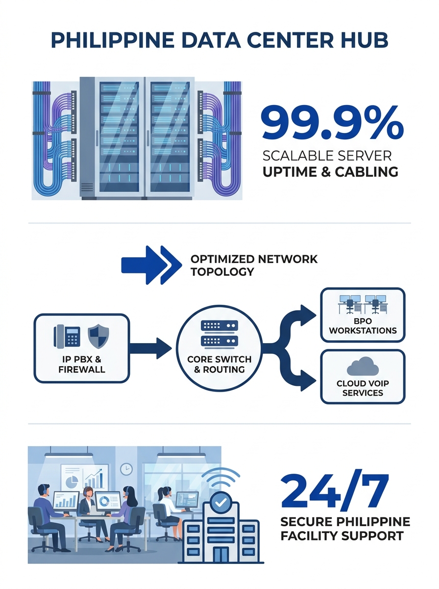 Modern data center server racks with structured cabling infrastructure and network equipment in Philippine facility