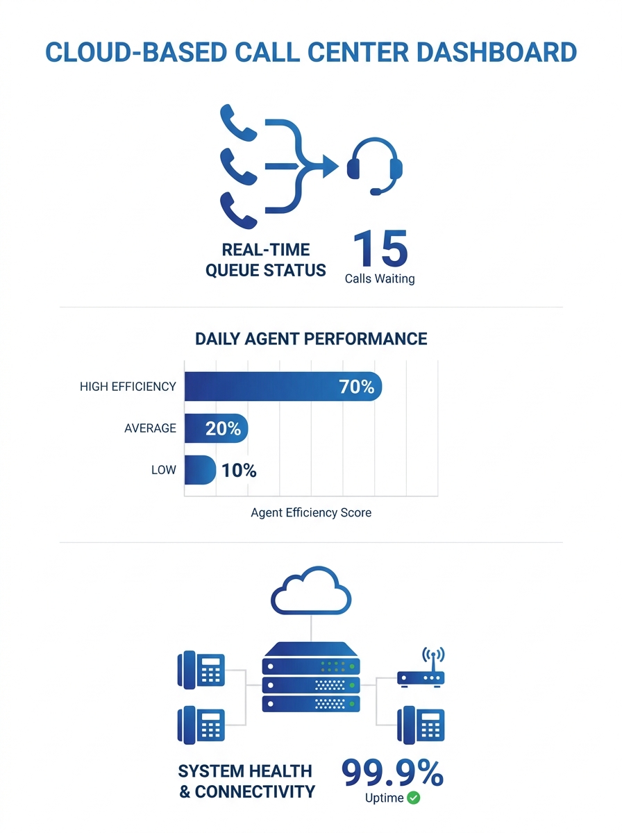 Cloud-based call center dashboard showing queue management and performance metrics