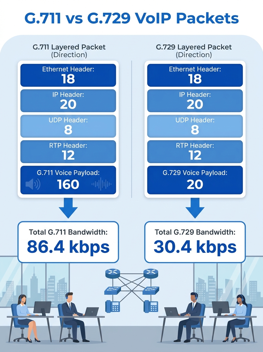infographic showing a layered packet diagram for G.711 and G.729 VoIP calls, with byte counts for Ethernet header (18 bytes), IP header (20 bytes), UDP header (8 bytes), RTP header (12 bytes), and voi