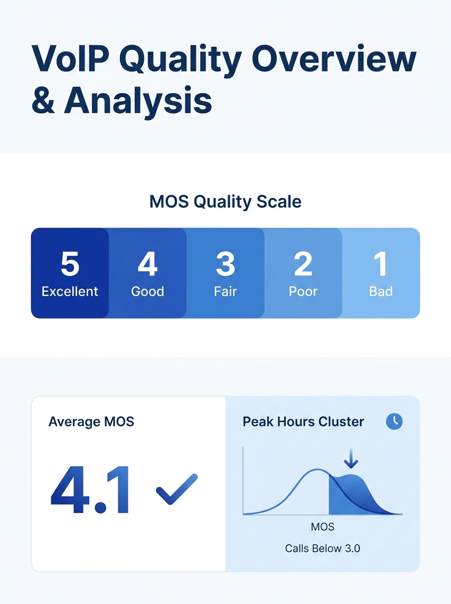 infographic showing the MOS scale from 1 to 5 with quality labels at each level, plus a split-view comparison of an average MOS of 4.1 versus a distribution curve revealing a cluster of calls below 3.