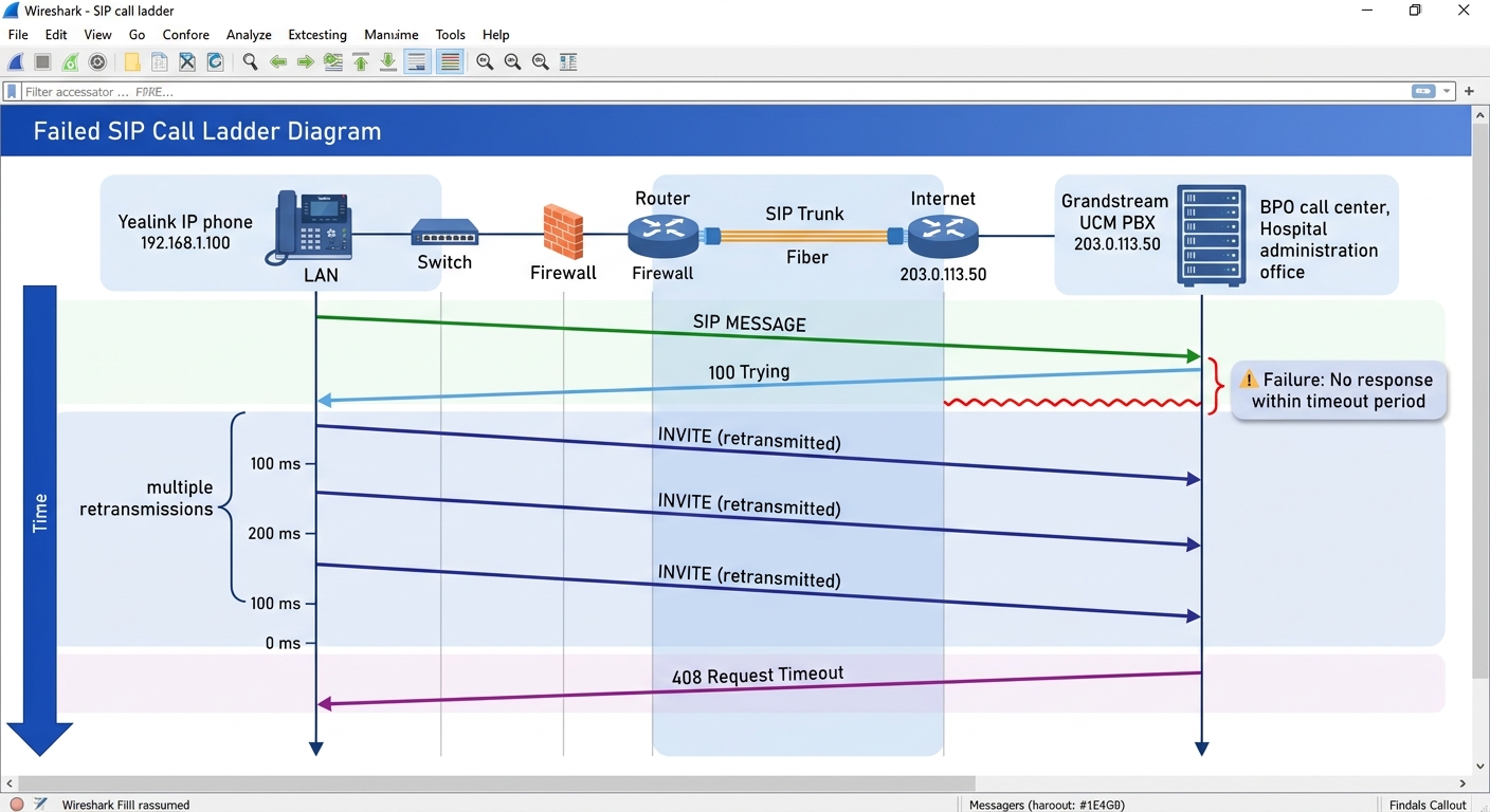 Screenshot-style illustration of a Wireshark SIP ladder diagram showing a failed call flow with INVITE, 100 Trying, multiple retransmissions, and a 408 Timeout response, with annotations highlighting 