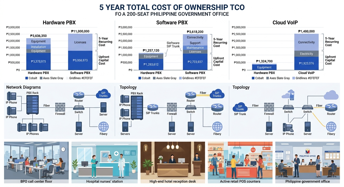 Infographic comparing 5-year total cost of ownership for hardware PBX, software PBX, and cloud VoIP for a 200-seat Philippine government office, using stacked bar charts showing upfront capital cost v