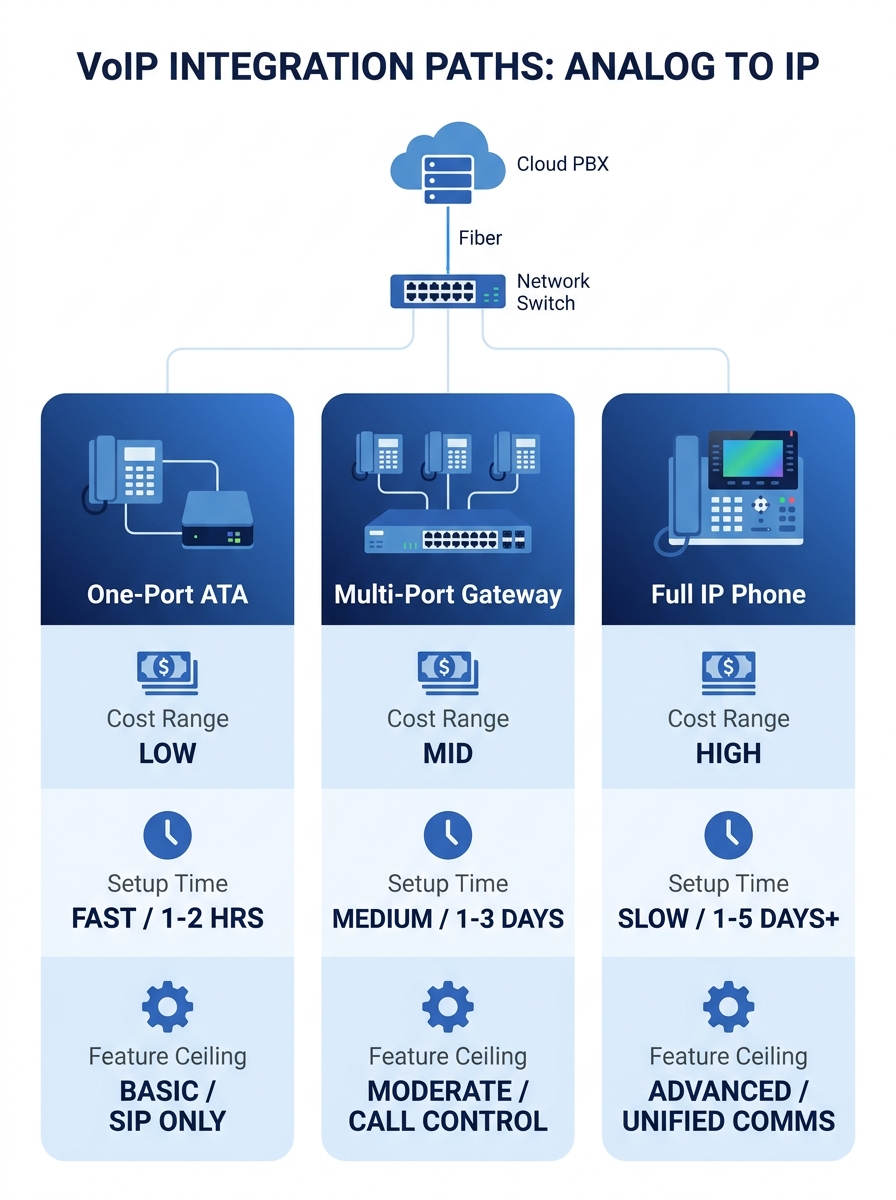 Infographic comparing three analog phone integration paths for VoIP, showing single-port ATA, multi-port gateway, and full IP phone replacement with cost ranges, setup times, and feature ceilings in a