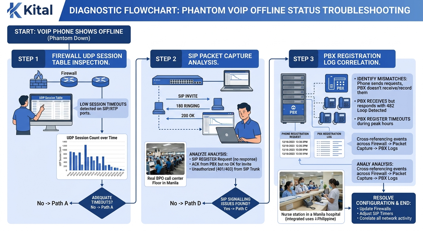 A diagnostic flowchart showing the troubleshooting sequence for phantom VoIP offline status — starting with firewall UDP session table inspection, moving to SIP packet capture analysis, then PBX regis