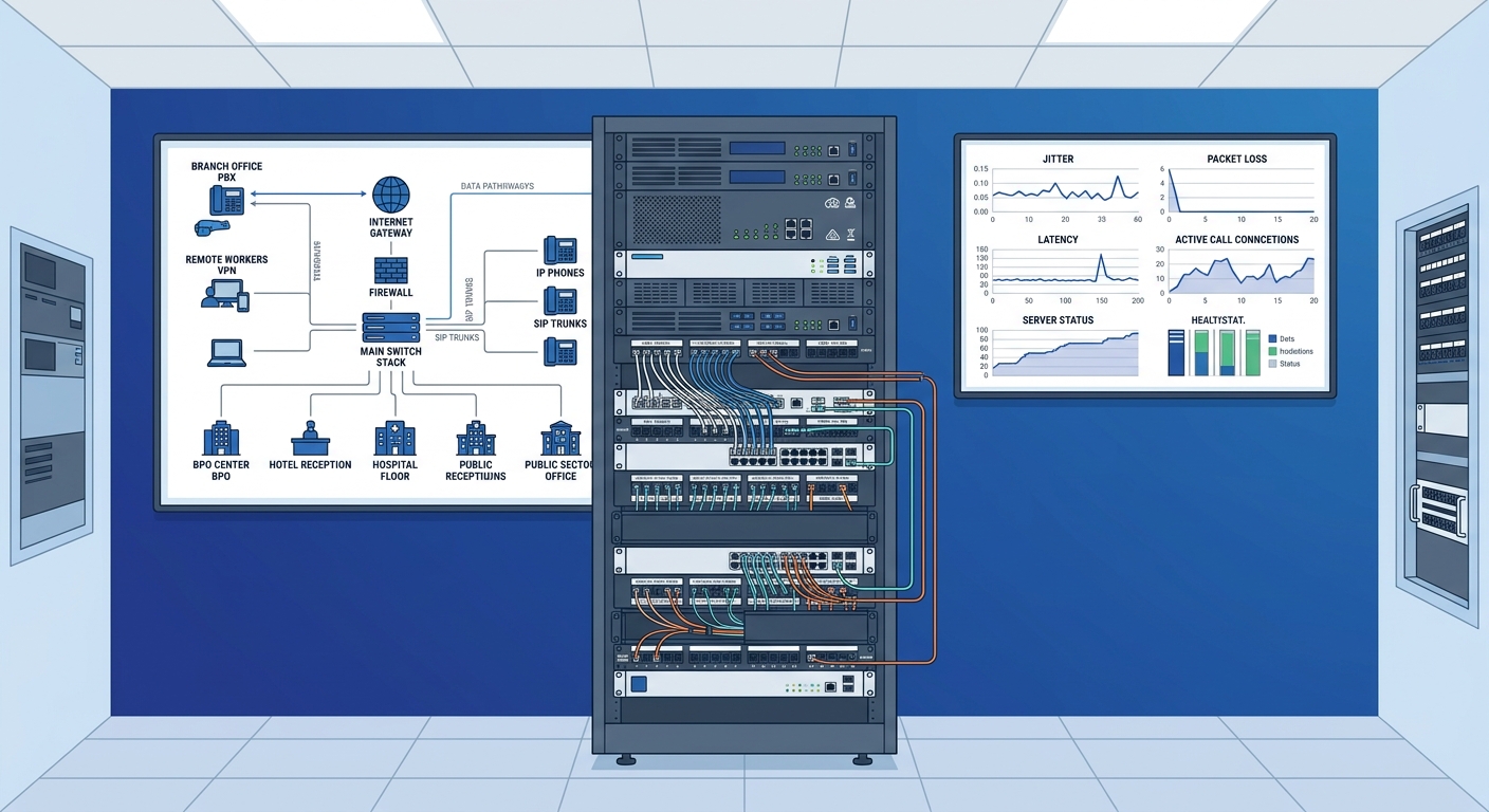 A Philippine enterprise server room with rack-mounted PBX appliances, network switches with labeled cable management, and a wall-mounted monitoring screen showing call metrics