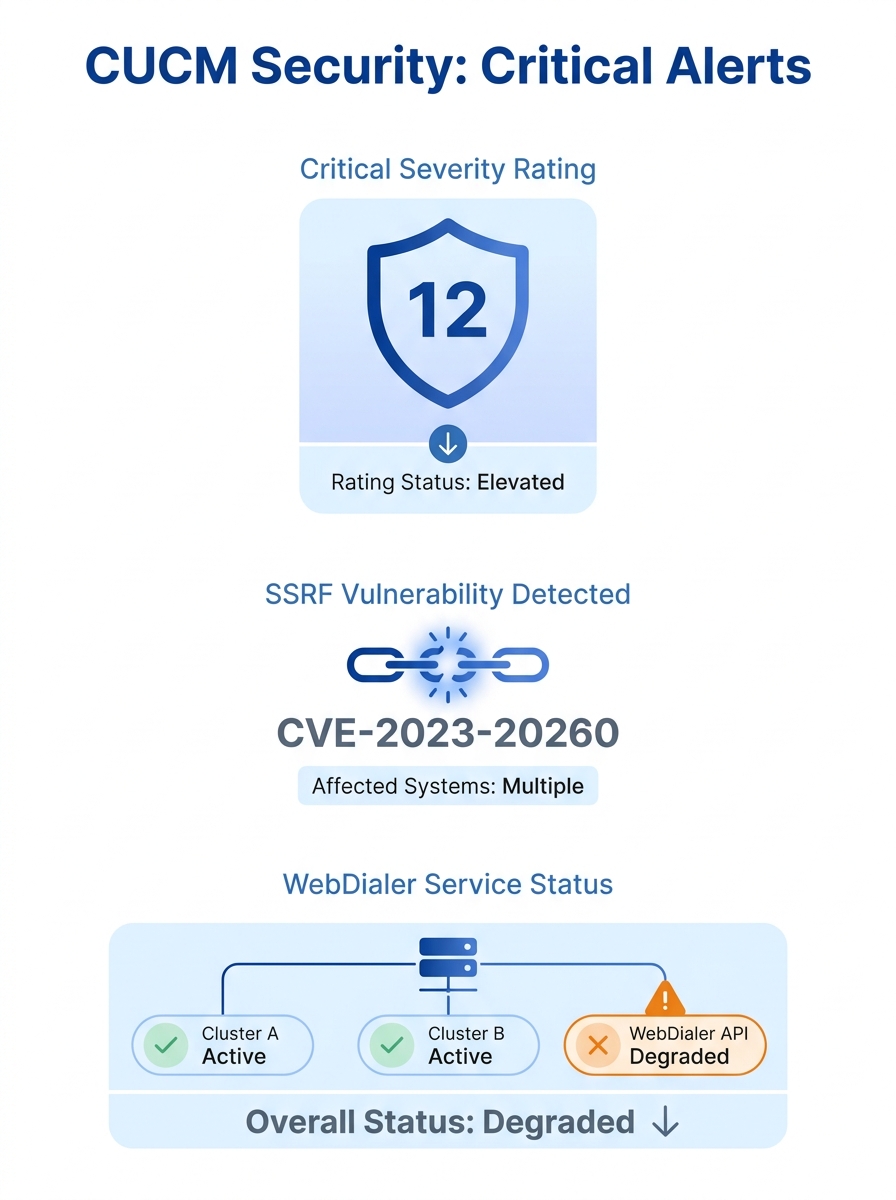 Cisco Unified Communications Manager security dashboard showing Critical severity rating and SSRF vulnerability details with WebDialer service status indicators