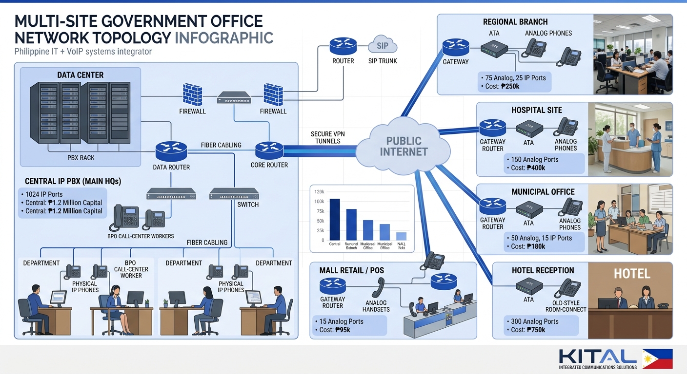 infographic showing a multi-site government office network topology with a central IP PBX connected to satellite offices through VPN tunnels, each office showing ATA devices connecting analog phones,