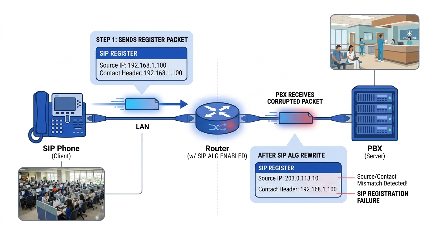 Network diagram showing a SIP phone sending a REGISTER packet through a router with SIP ALG enabled, illustrating how the ALG rewrites the Contact header IP address, and the PBX receiving a corrupted 