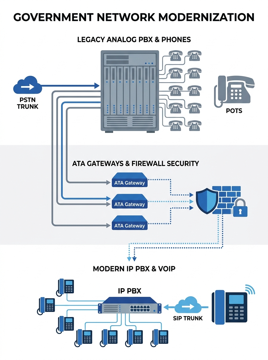 diagram showing a government office network with an old analog PBX on one side connected through ATA gateways to a modern IP PBX on the other side, with phones, trunks, and a firewall illustrated