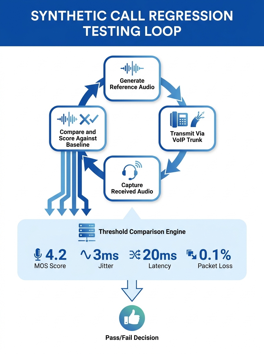 infographic showing the synthetic call regression testing loop — a circular diagram with four stages: Generate Reference Audio, Transmit Via VoIP Trunk, Capture Received Audio, Compare and Score Again
