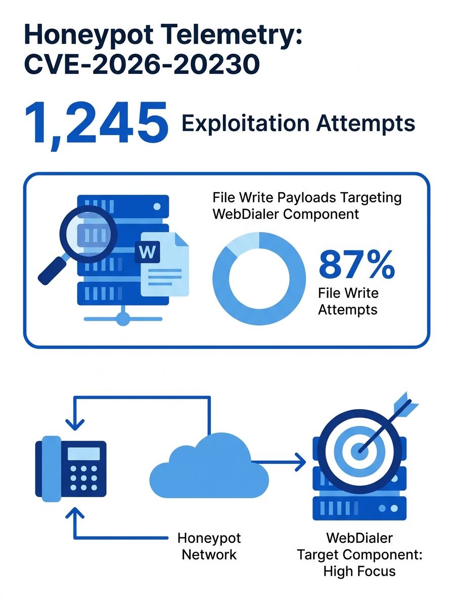 Honeypot telemetry showing Cisco CVE-2026-20230 exploitation attempts with file write payloads targeting WebDialer component