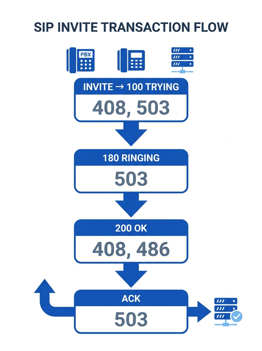 Diagram showing SIP INVITE transaction flow with labeled failure points at each step including INVITE, 100 Trying, 180 Ringing, 200 OK, and ACK, with common error codes like 408, 486, and 503 mapped t