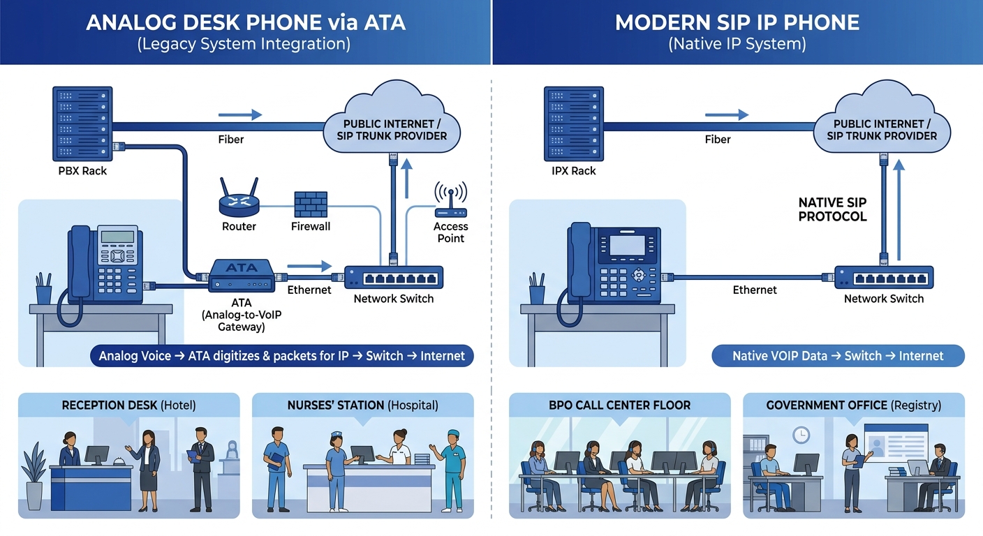 Side-by-side comparison of an analog desk phone connected through an ATA versus a modern SIP IP phone connected directly to an Ethernet switch, illustrating the architectural difference in a Philippin