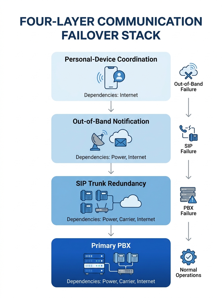 infographic showing the Four-Layer Communication Failover Stack as a vertical diagram with four distinct tiers—Primary PBX at the bottom, SIP Trunk Redundancy above it, Out-of-Band Notification third,