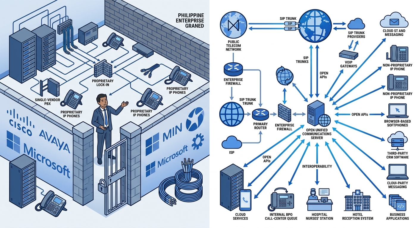 a split-screen illustration showing a Philippine enterprise trapped inside a walled garden of proprietary UC vendor logos on the left, contrasted with an open architecture diagram using SIP trunks and