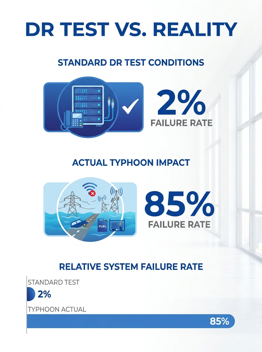 infographic showing a comparison between standard DR test conditions (stable power, full bandwidth, IT staff present) versus actual typhoon conditions (grid power loss, degraded cellular, flooded acce