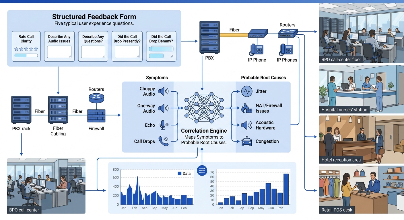 Flowchart showing the five-question structured feedback form feeding into a correlation engine that maps symptoms (choppy audio, one-way audio, echo, call drops) to probable root causes (jitter, NAT/f
