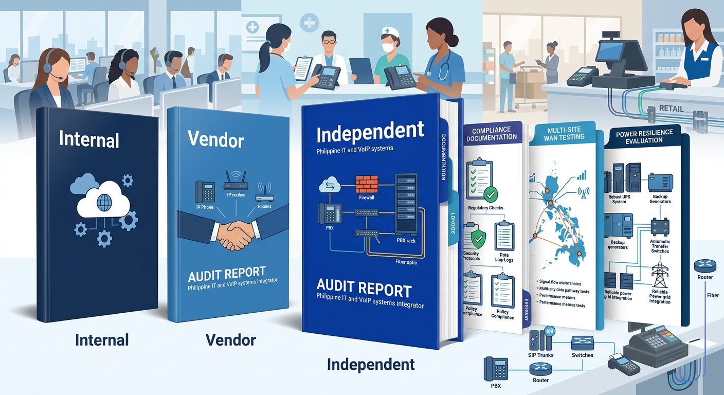 side-by-side comparison showing three audit report documents labeled Internal, Vendor, and Independent, with the Independent report being the thickest and containing sections for compliance documentat