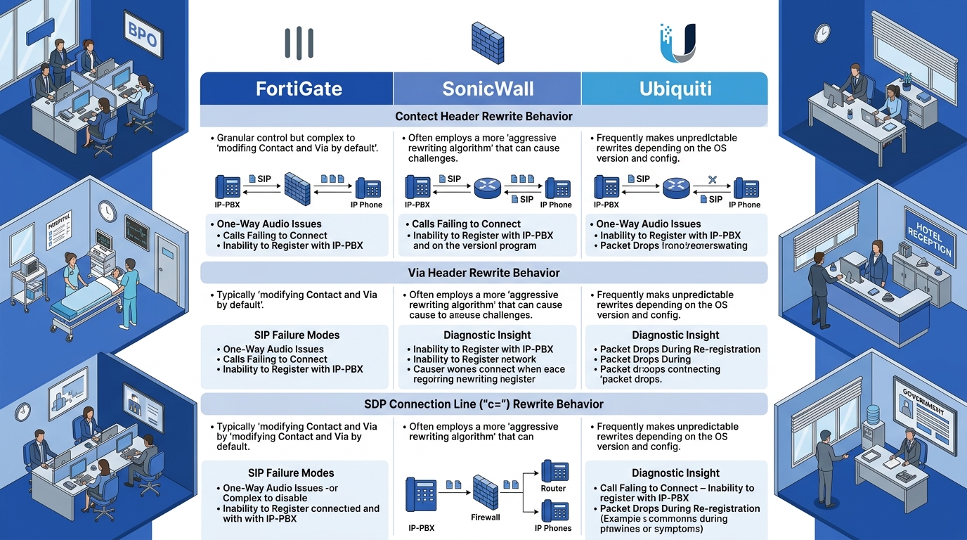 infographic comparing SIP ALG behavior across FortiGate, SonicWall, and Ubiquiti firewalls, showing three columns with which headers each vendor rewrites including Contact, Via, and SDP connection lin