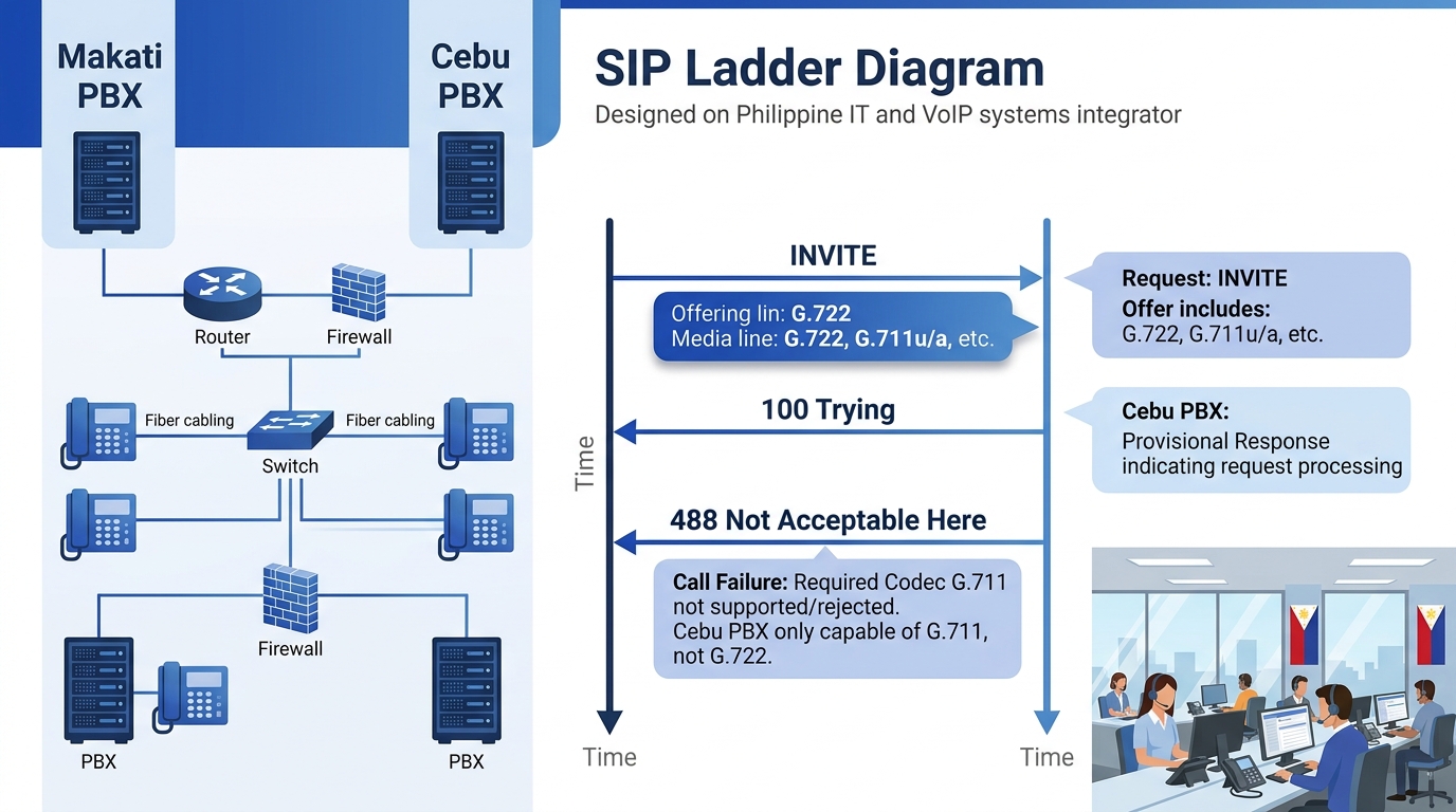 infographic showing a SIP ladder diagram with two vertical endpoint columns labeled Makati PBX and Cebu PBX, arrows showing INVITE, 100 Trying, and 488 Not Acceptable Here response, with SDP codec det