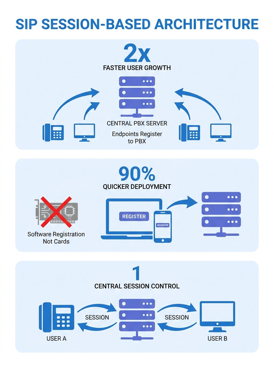 diagram showing SIP session-based architecture with endpoints registering to a central PBX server, illustrating how new users connect via software registration rather than physical circuit card instal