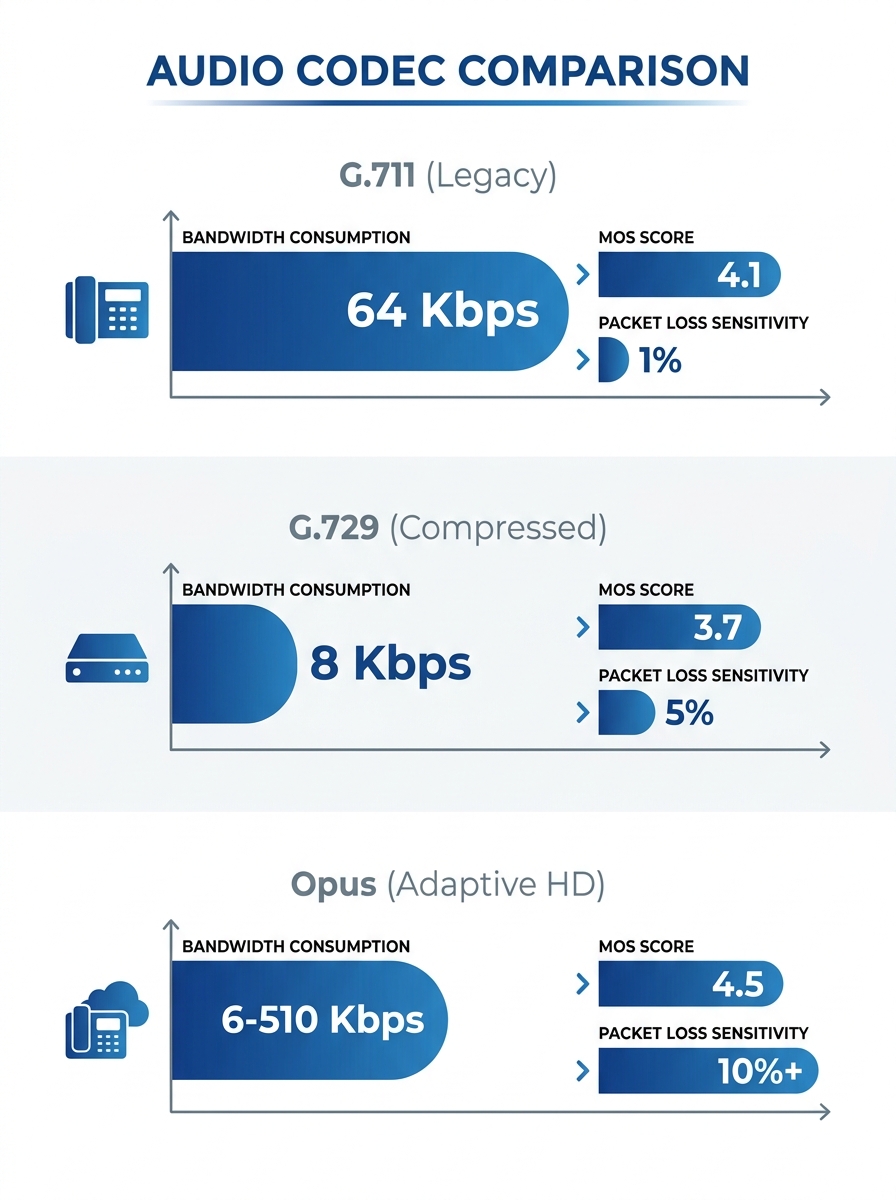 Infographic comparing G.711, G.729, and Opus codecs side by side, showing bandwidth consumption per call, MOS scores, and packet loss sensitivity thresholds with visual bar charts