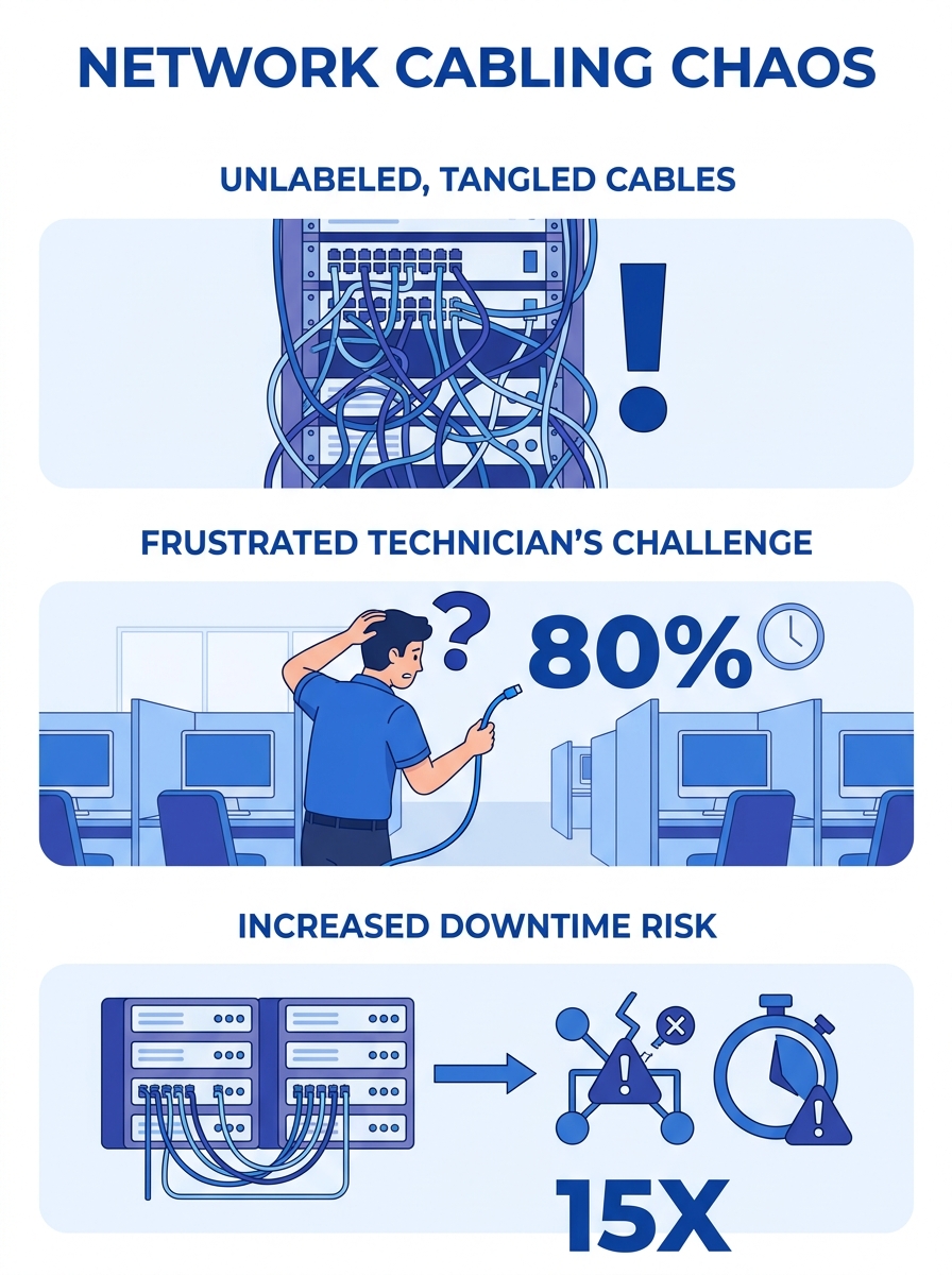 A cluttered server rack in a Philippine BPO facility showing tangled, unlabeled network cables running in every direction, with a technician looking frustrated while trying to trace a single cable