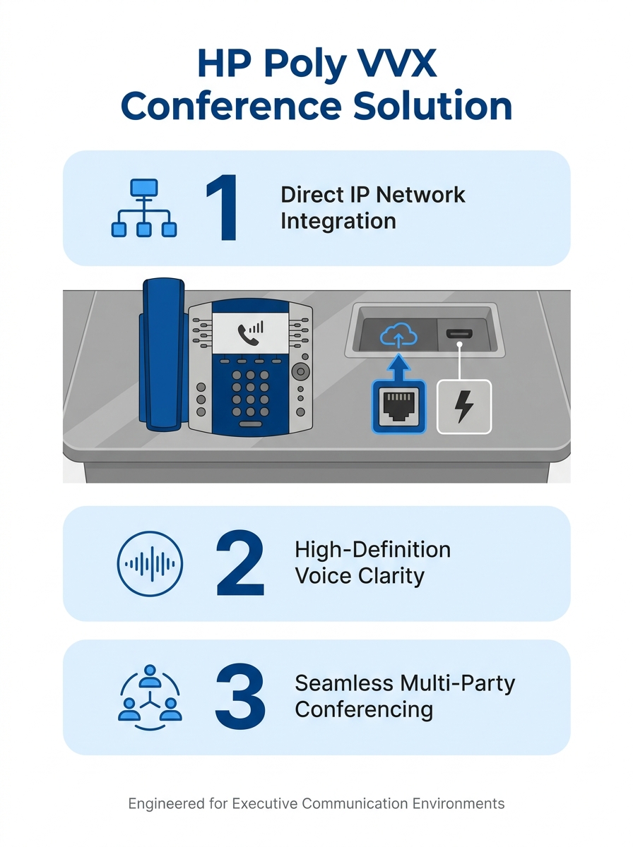 HP Poly VVX conference phone on executive desk with visible network ports