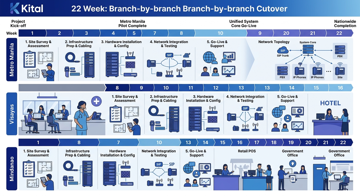 A timeline graphic showing 22 weeks of branch-by-branch cutover across three Philippine regions (Metro Manila, Visayas, Mindanao) with milestones and the 5-step migration sequence at each branch