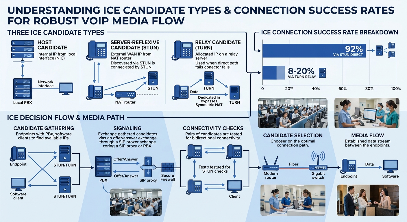 infographic showing the three ICE candidate types (host, server-reflexive, relay) with percentage breakdown of connection success rates: 92% via STUN direct, 8-20% via TURN relay, and the decision flo