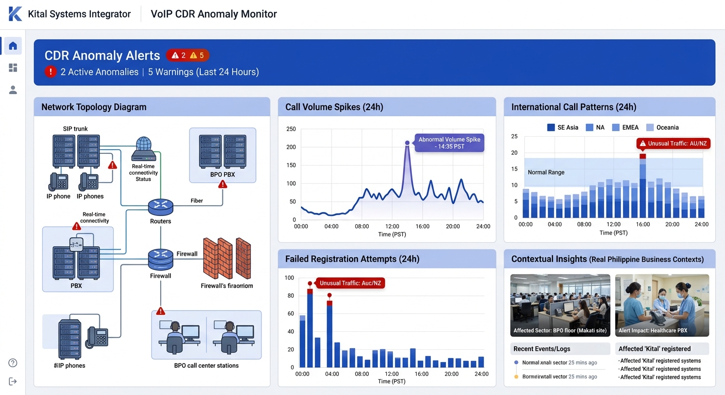 a monitoring dashboard screenshot concept showing CDR anomaly alerts, with graphs displaying call volume spikes, international call patterns, and failed registration attempts over a 24-hour period