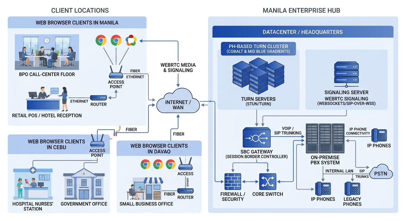 network architecture diagram showing a Philippine enterprise WebRTC deployment with browser clients in Manila, Cebu, and Davao connecting through a Manila-based TURN cluster, signaling server, and SBC
