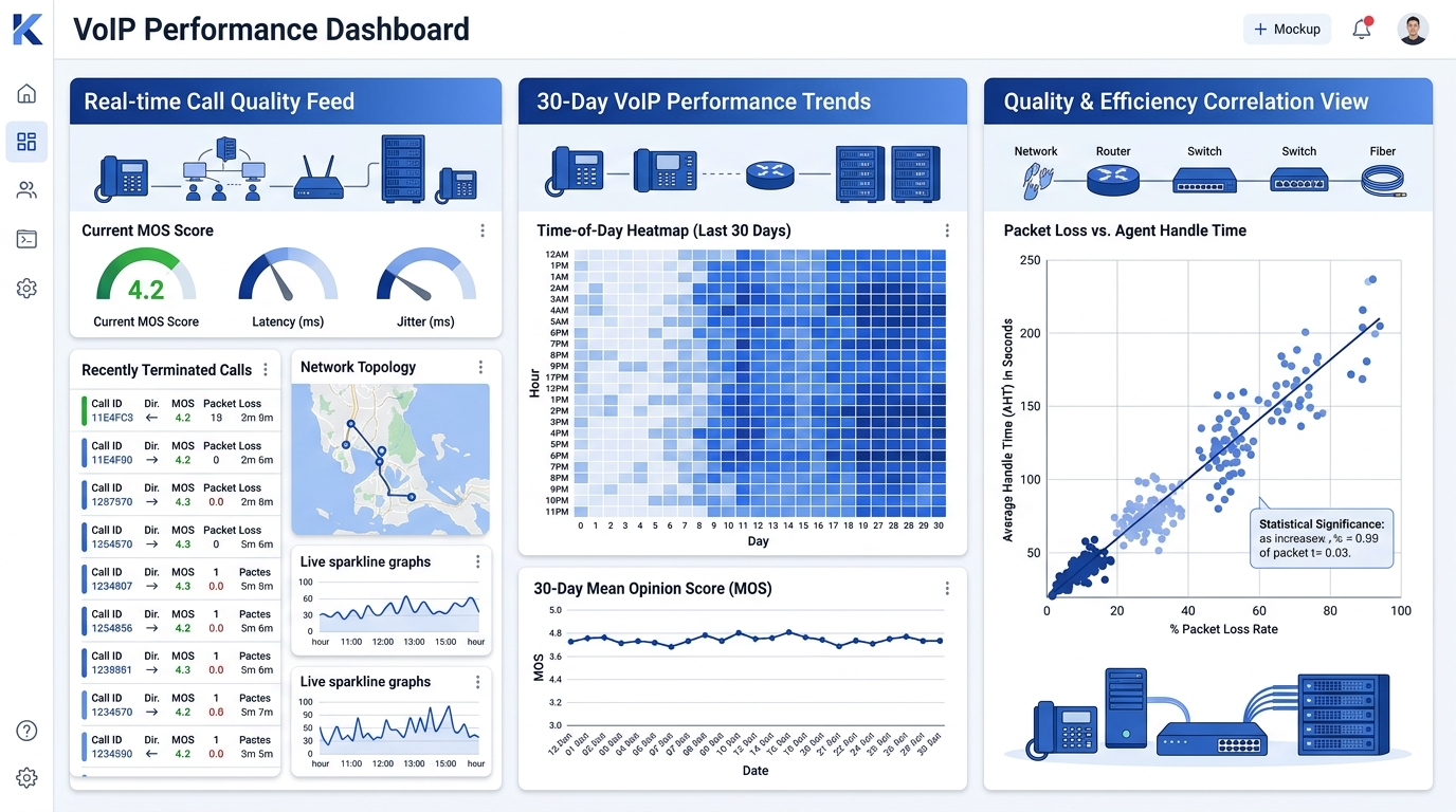 mockup of a three-panel VoIP performance dashboard with a real-time call quality feed on the left, a 30-day MOS trend chart with time-of-day heatmap in the center, and a correlation view linking packe